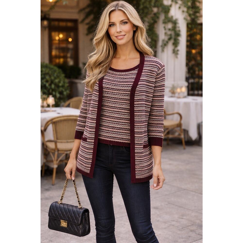 St. John Sport 2-Piece Knit Twinset Burgundy Black Stripe Open Cardigan Size XL